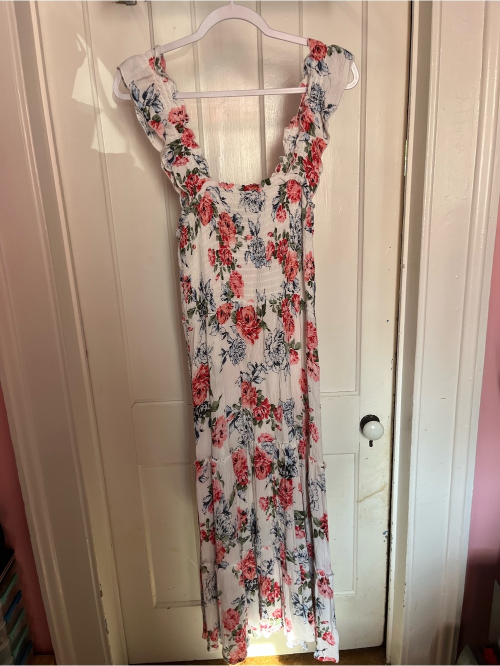 White Floral Maxi Dress with Pink and Blue Roses